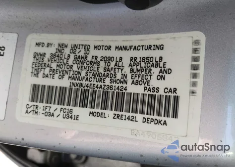 2010 Toyota Corolla Le из США, поврежденный, VIN 1NXBU4EE4AZ361424